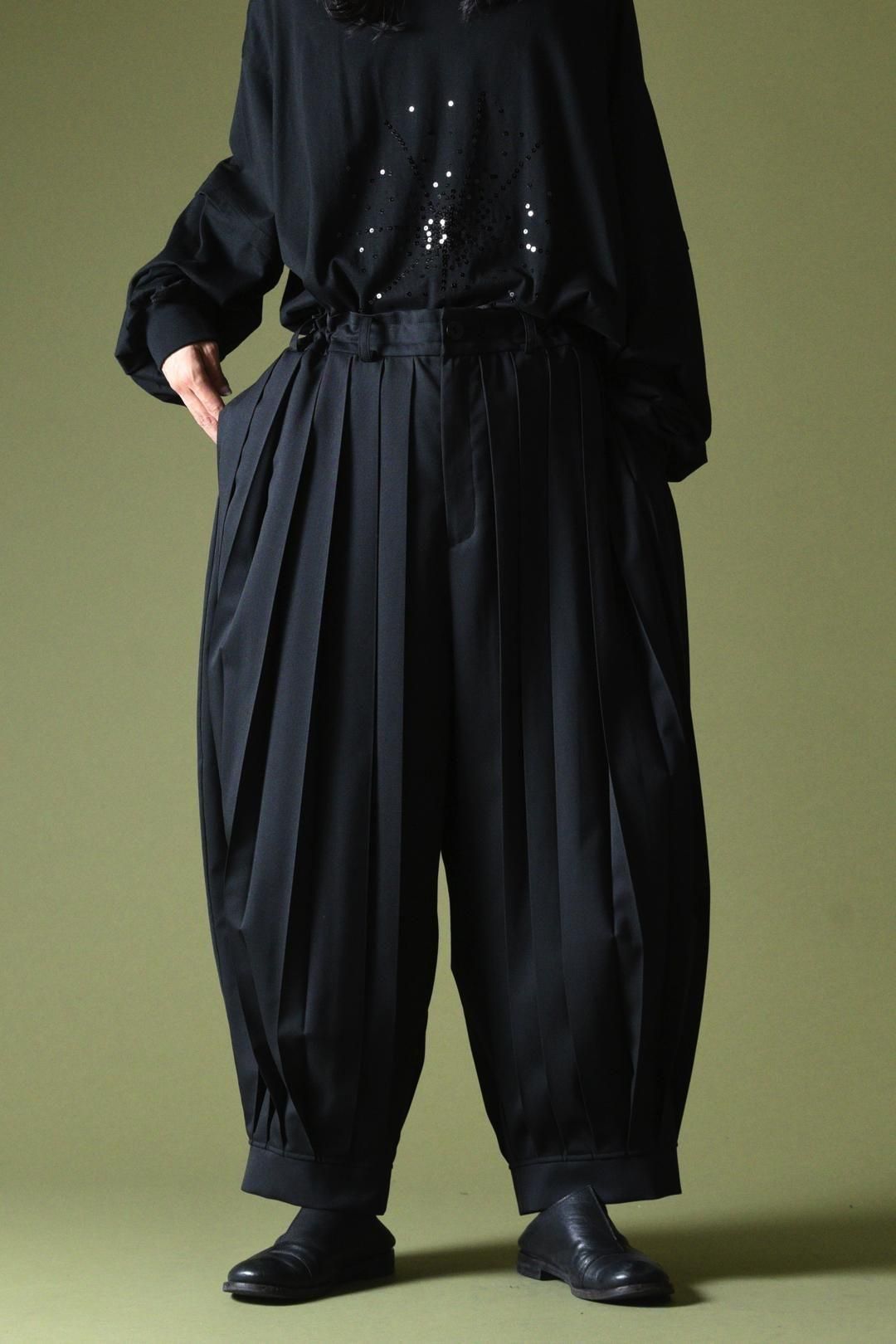 Wool Gabardine Wide Pleats Lantern Pants