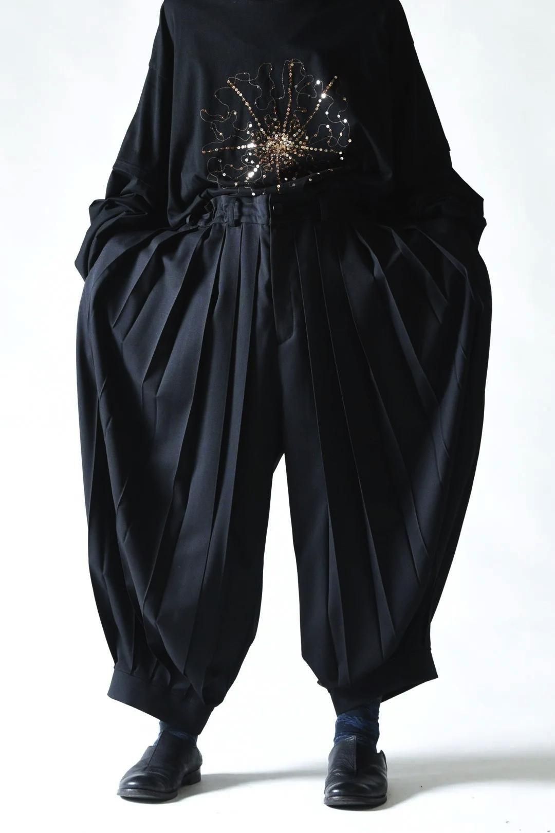 Wool Gabardine Wide Pleats Lantern Pants