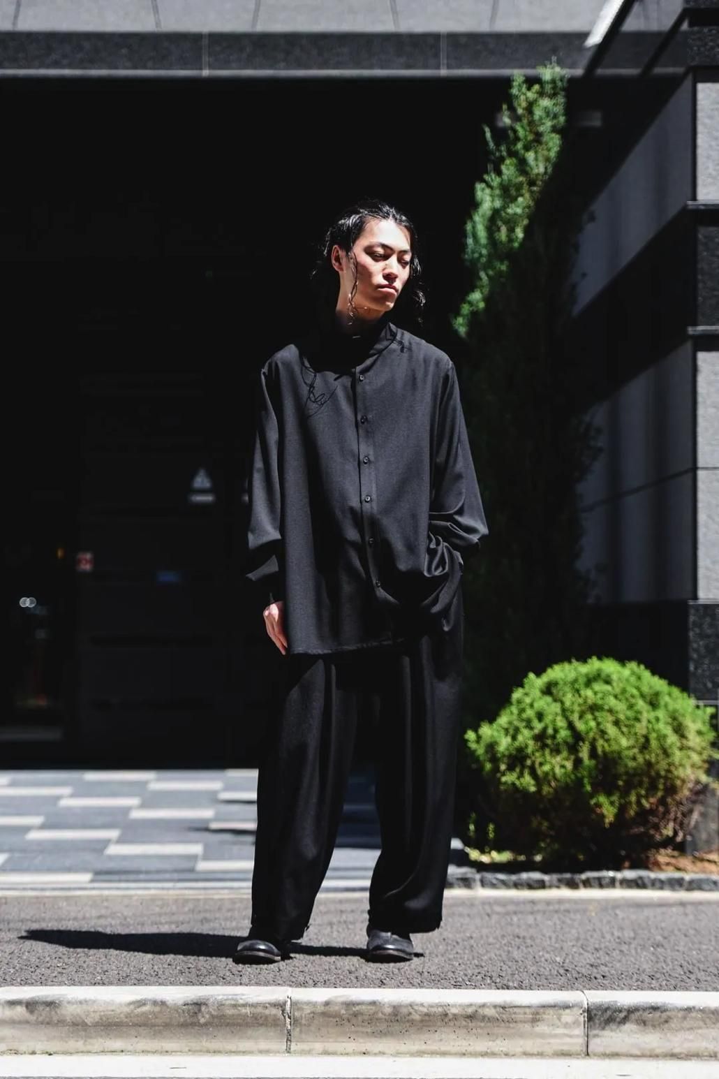 Wool Gabardine Stand Collar Shirt