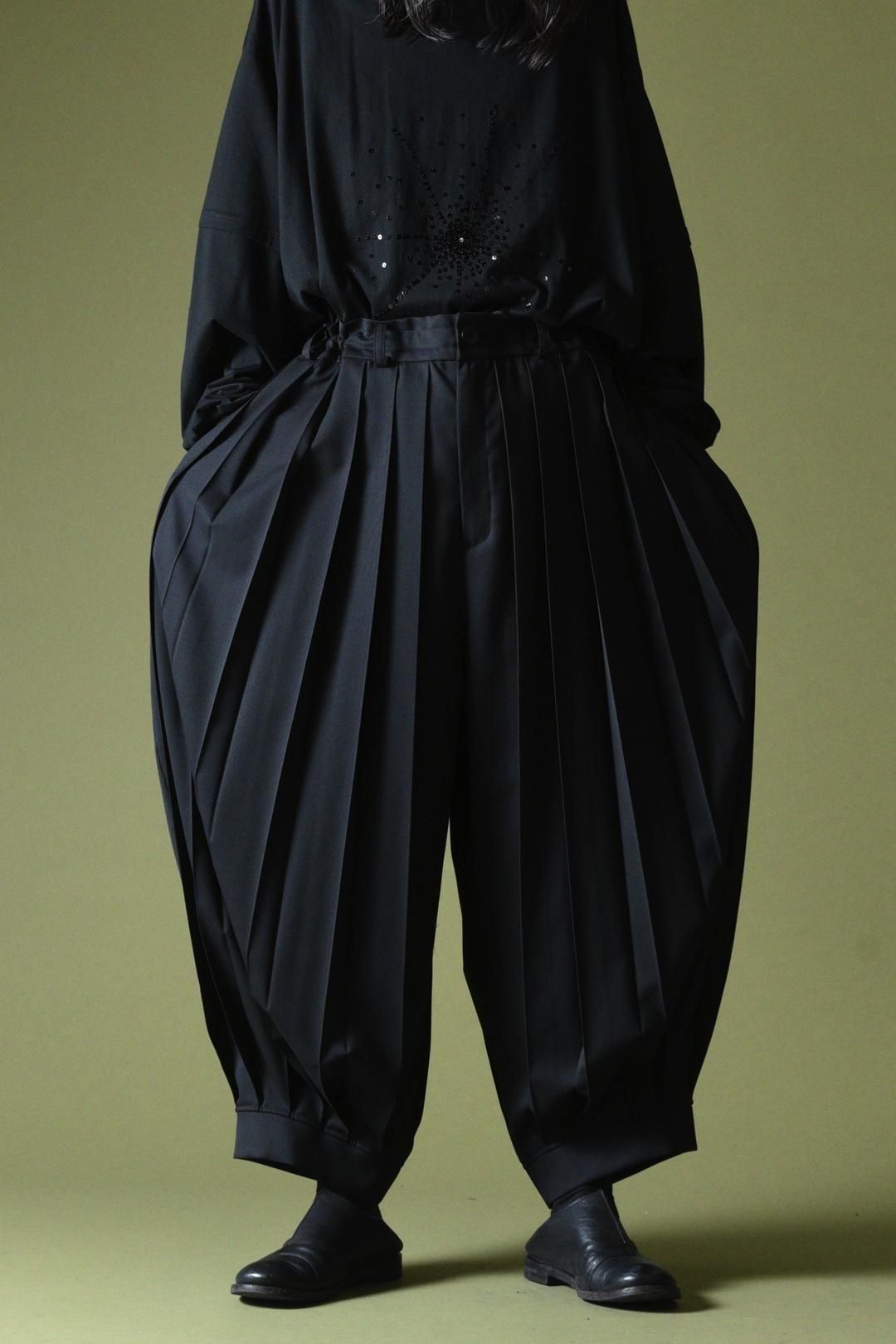 Wool Gabardine Wide Pleats Lantern Pants