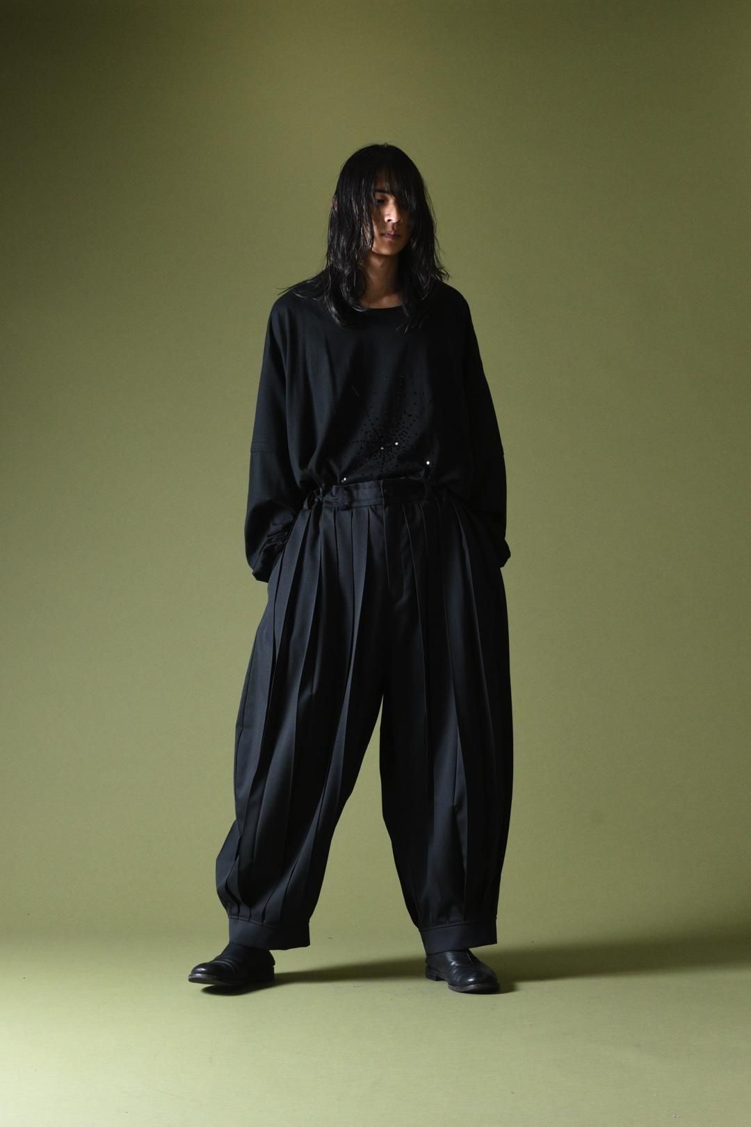 Wool Gabardine Wide Pleats Lantern Pants