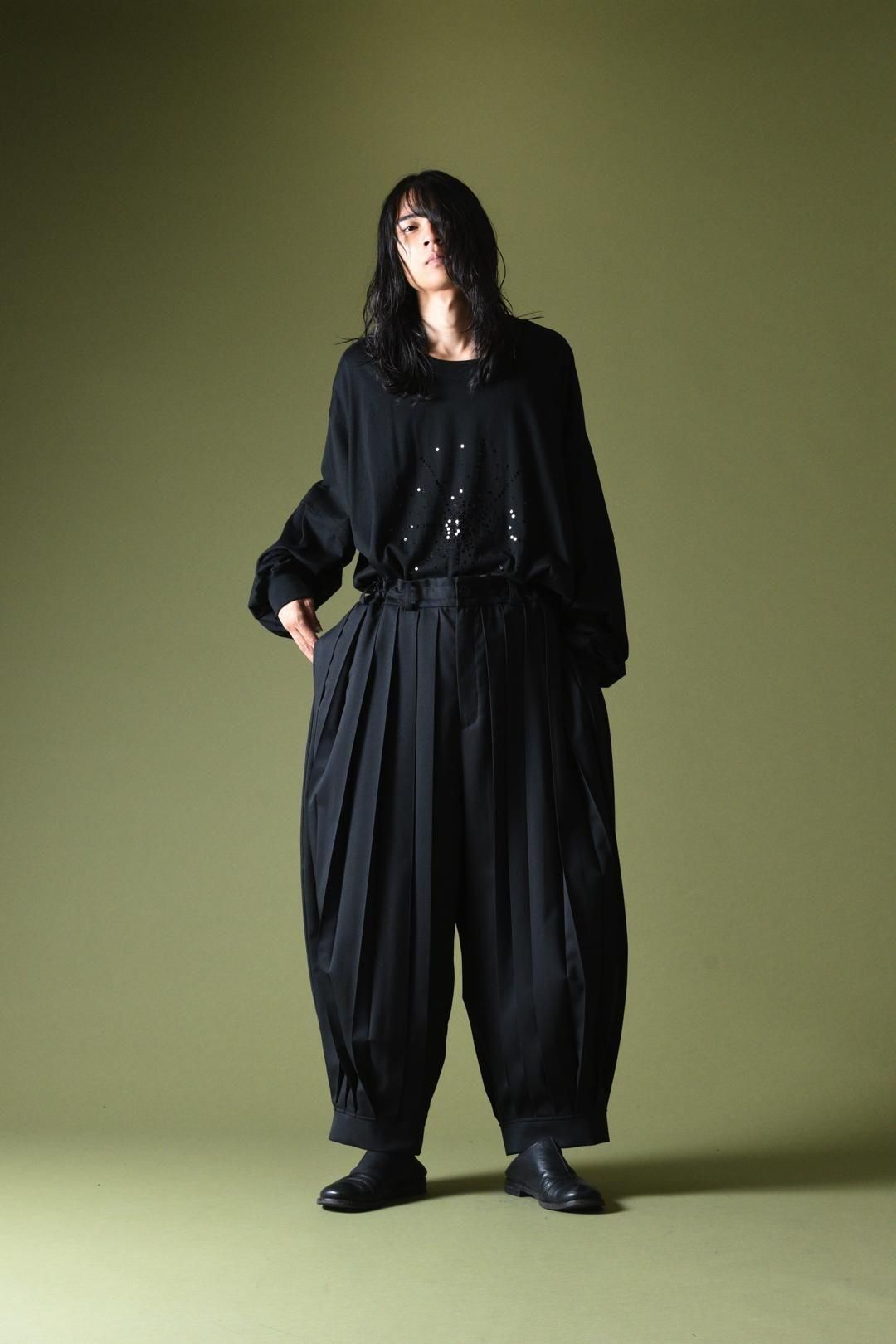 Wool Gabardine Wide Pleats Lantern Pants