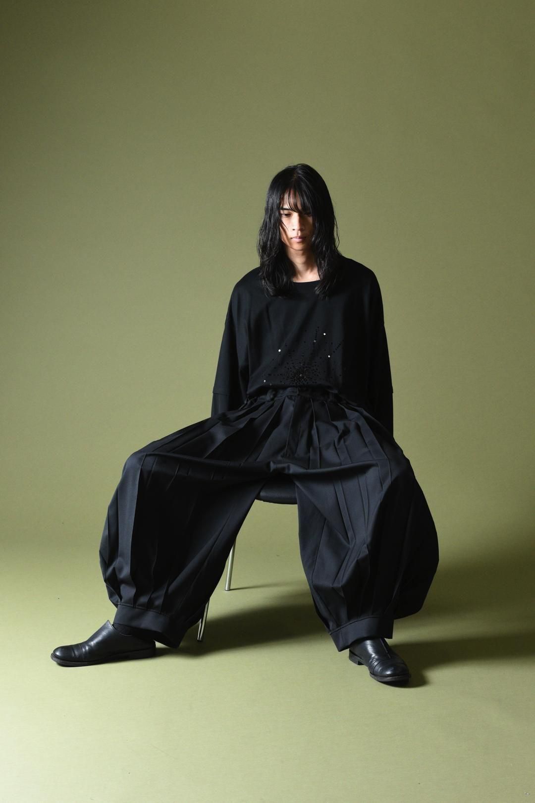 Wool Gabardine Wide Pleats Lantern Pants