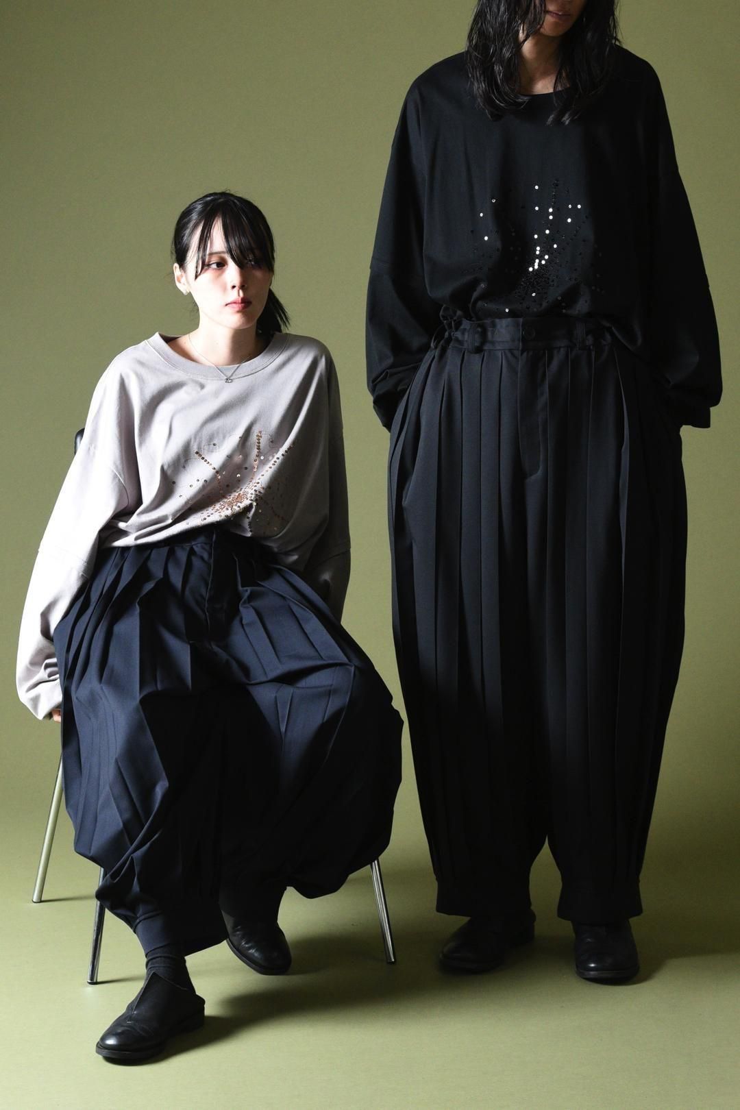 Wool Gabardine Wide Pleats Lantern Pants