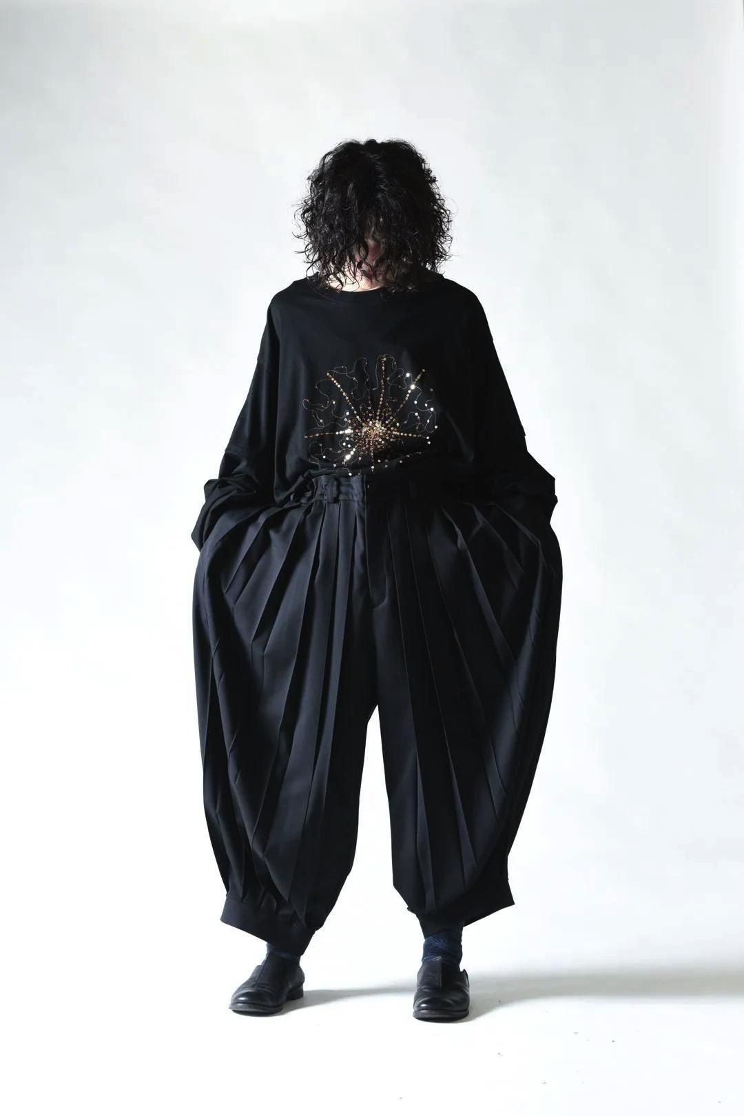 Wool Gabardine Wide Pleats Lantern Pants