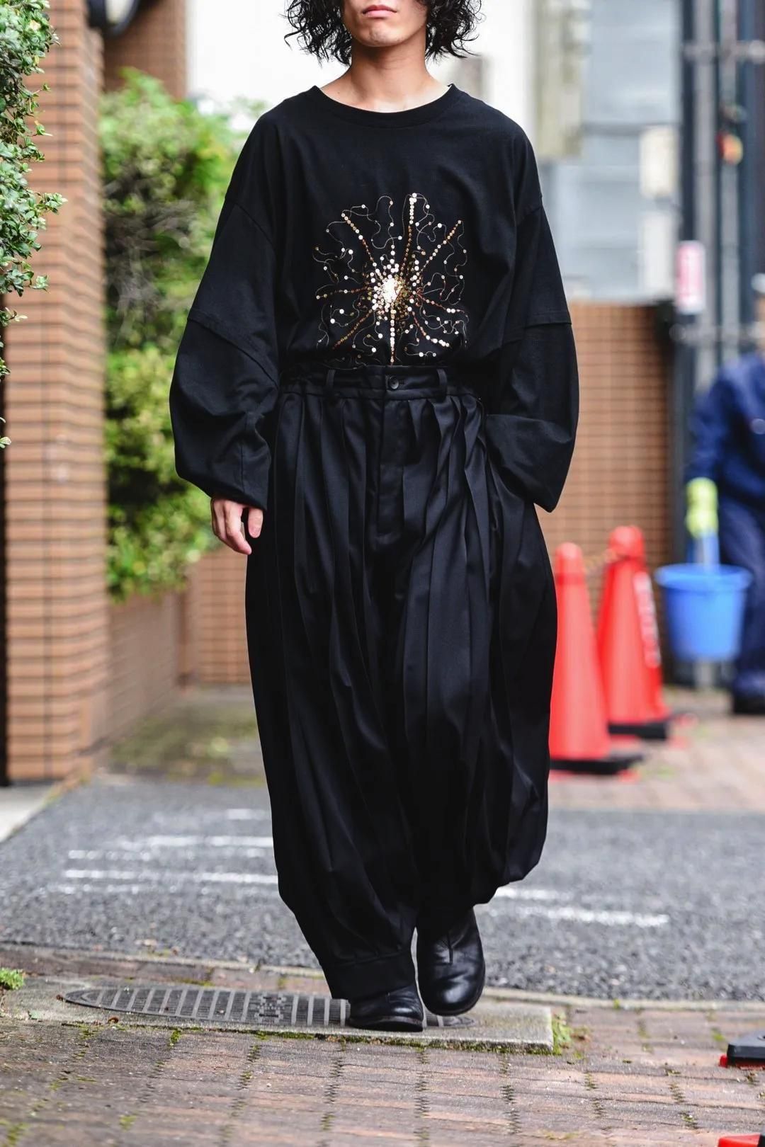 Wool Gabardine Wide Pleats Lantern Pants