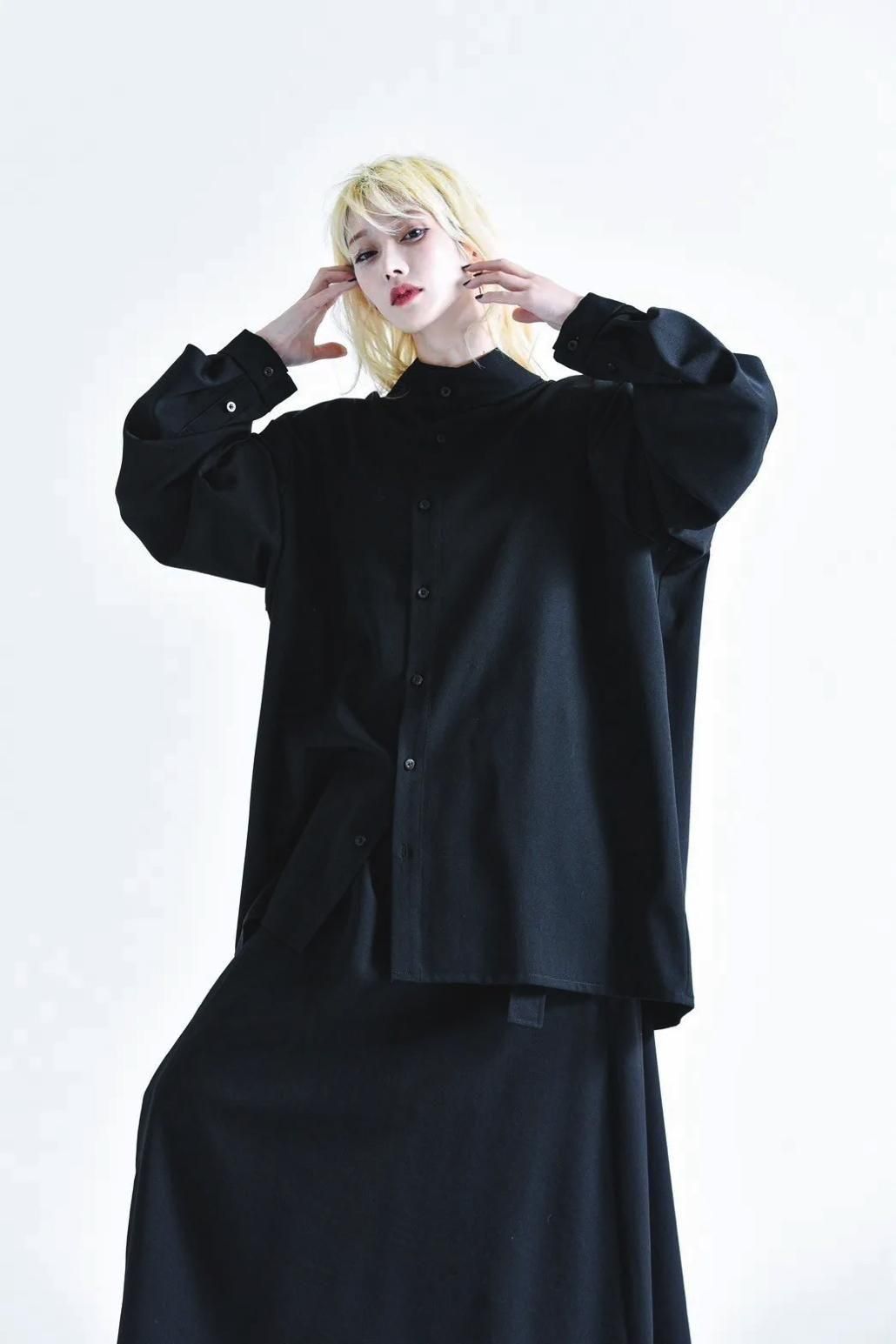 Wool Gabardine Stand Collar Shirt