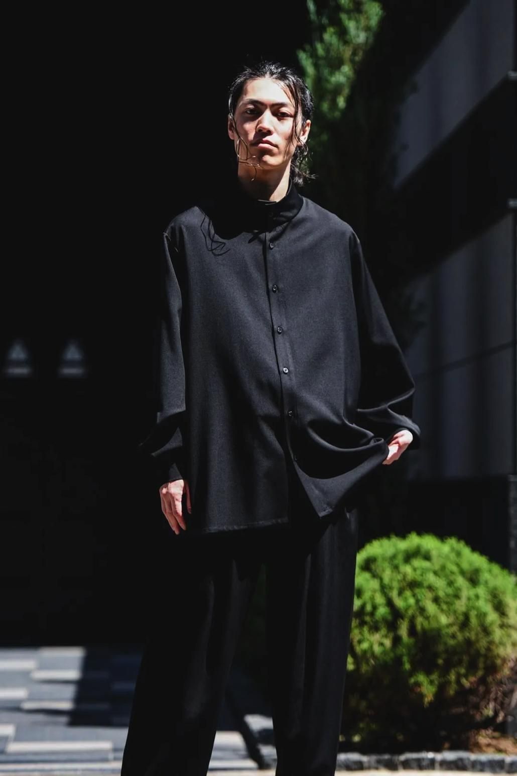 Wool Gabardine Stand Collar Shirt