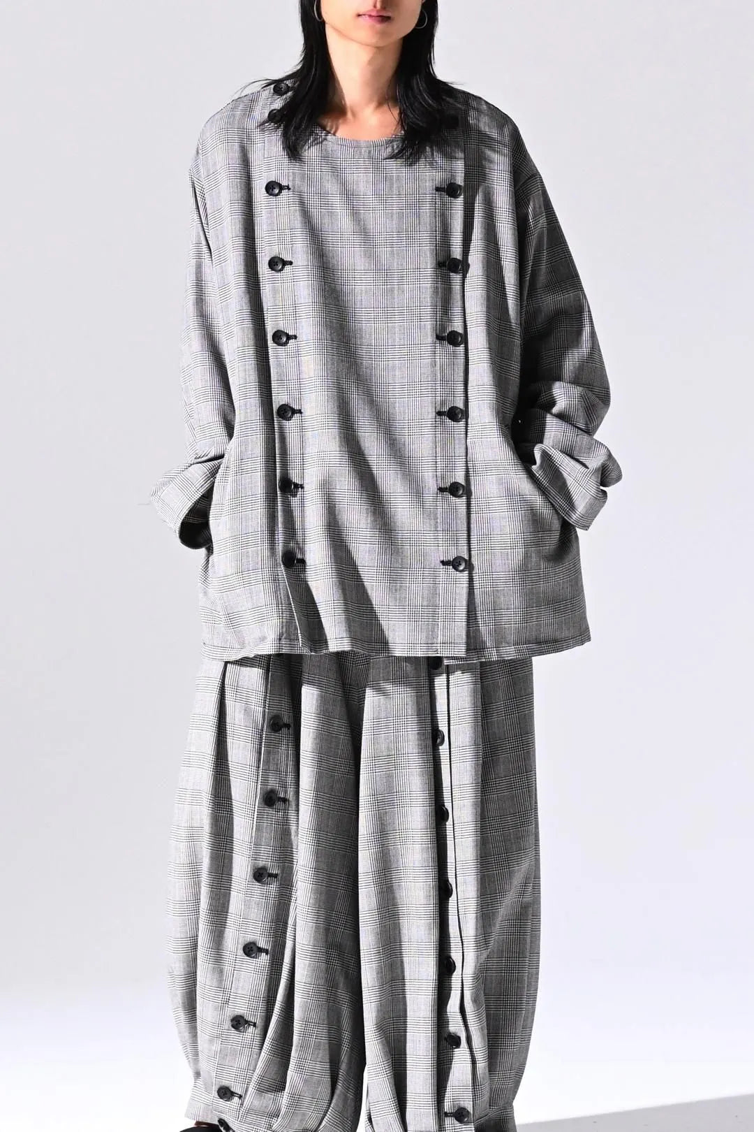 Wool Check Mirrored Button Shirt Jacket